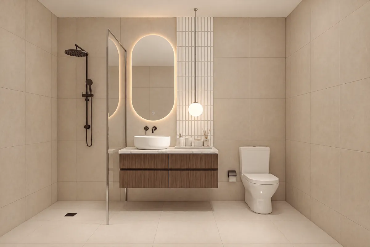 Family bathroom with floor-to-ceiling tiles and backlit mirror