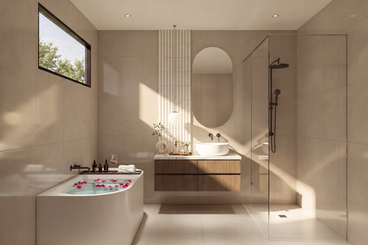 Ensuite with freestanding bath, timber vanity and frameless shower