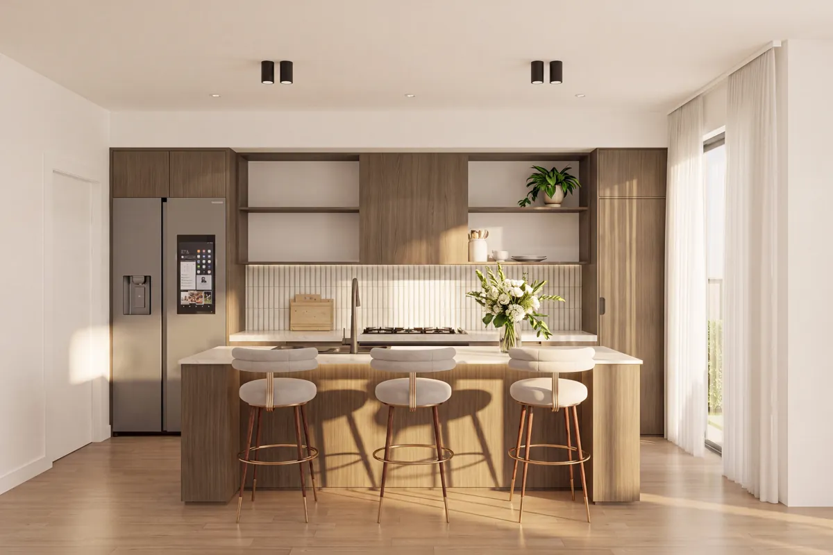 Kitchen with timber joinery and a stone island bench with three stools
