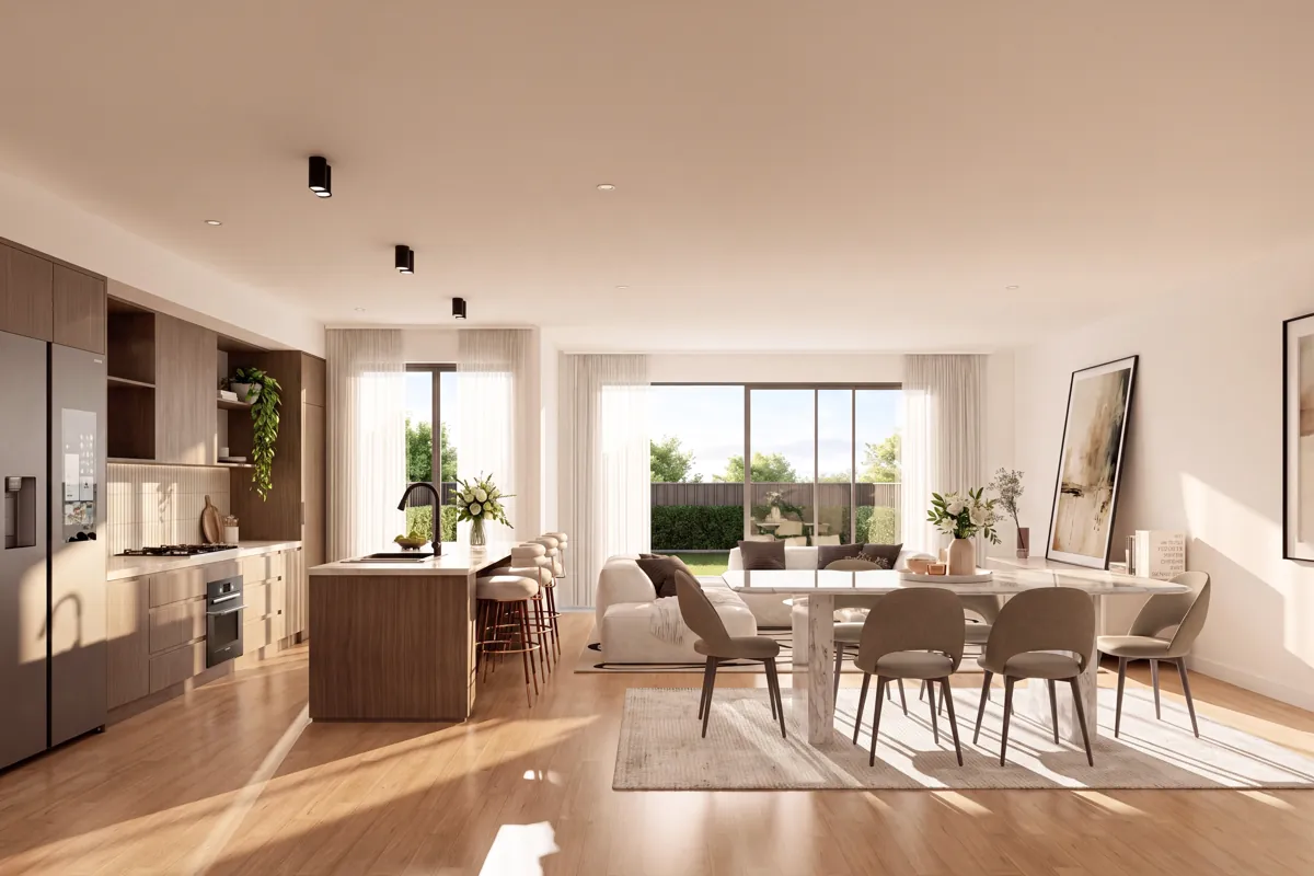 Kitchen flowing through to the dining and living area