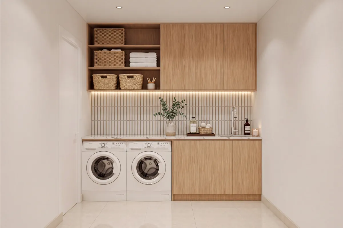 Laundry with timber cabinetry and open shelving