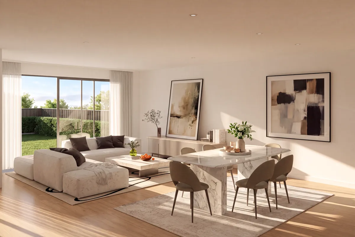 Light-filled living and dining room opening to the garden
