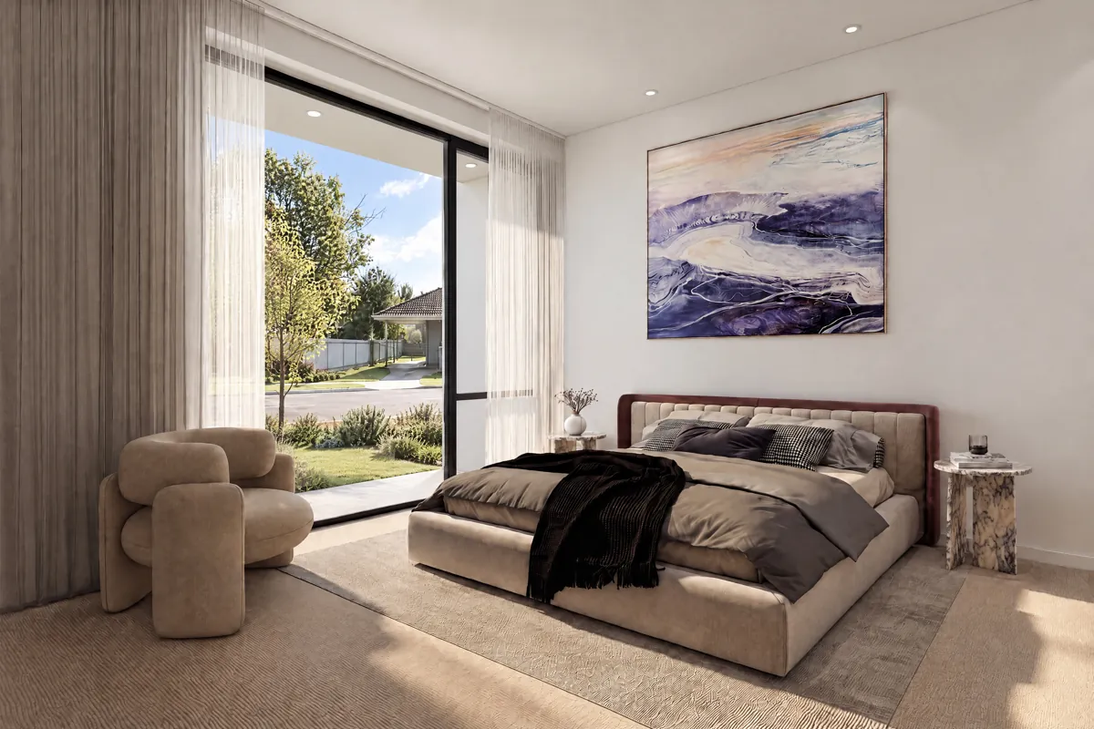 Master bedroom with full-height glazing and a reading chair